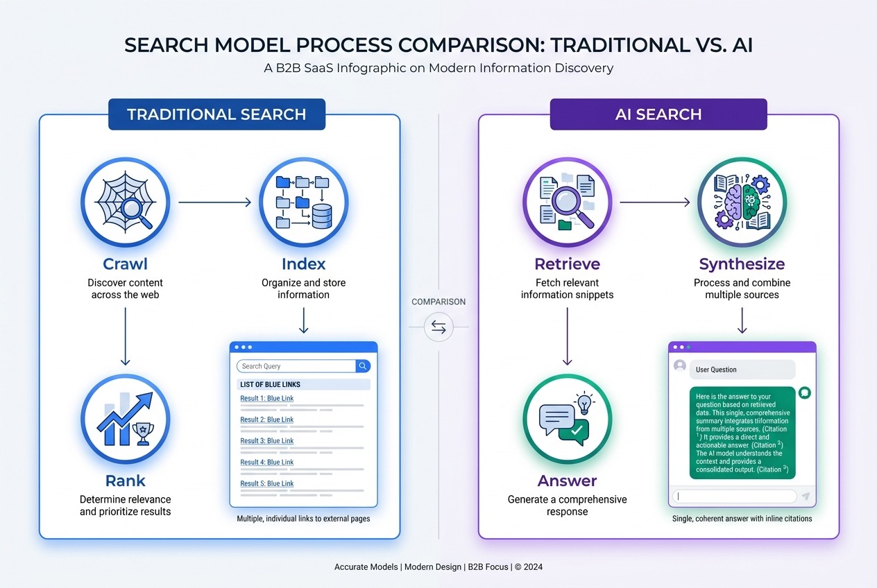 Diagram showing traditional search crawl-index-rank model alongside AI search retrieve-synthesize-answer model